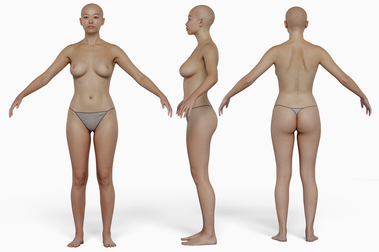 This 3D model depicts an Asian woman in her 20's, captured in a natural pose. The model has a high level of detail, including realistic skin texture and visible muscle definition. The woman is dressed in form-fitting clothing that emphasizes her curves, and her hair is styled in loose waves. The model would be ideal for use in animation or gaming projects.
